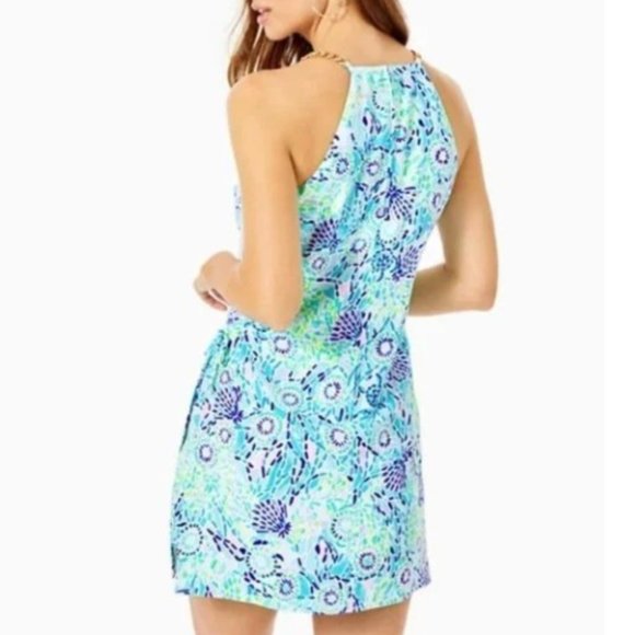 Lilly Pulitzer Pearl Romper Dress Blue Ibiza Open Water Gold Chain NWT - Picture 4 of 9